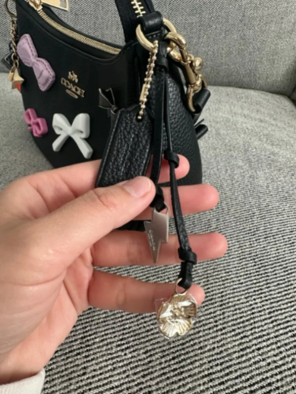 NWT COACH CDY93 Teri Shoulder Bag With Bows And Charms Pebble Leather Black